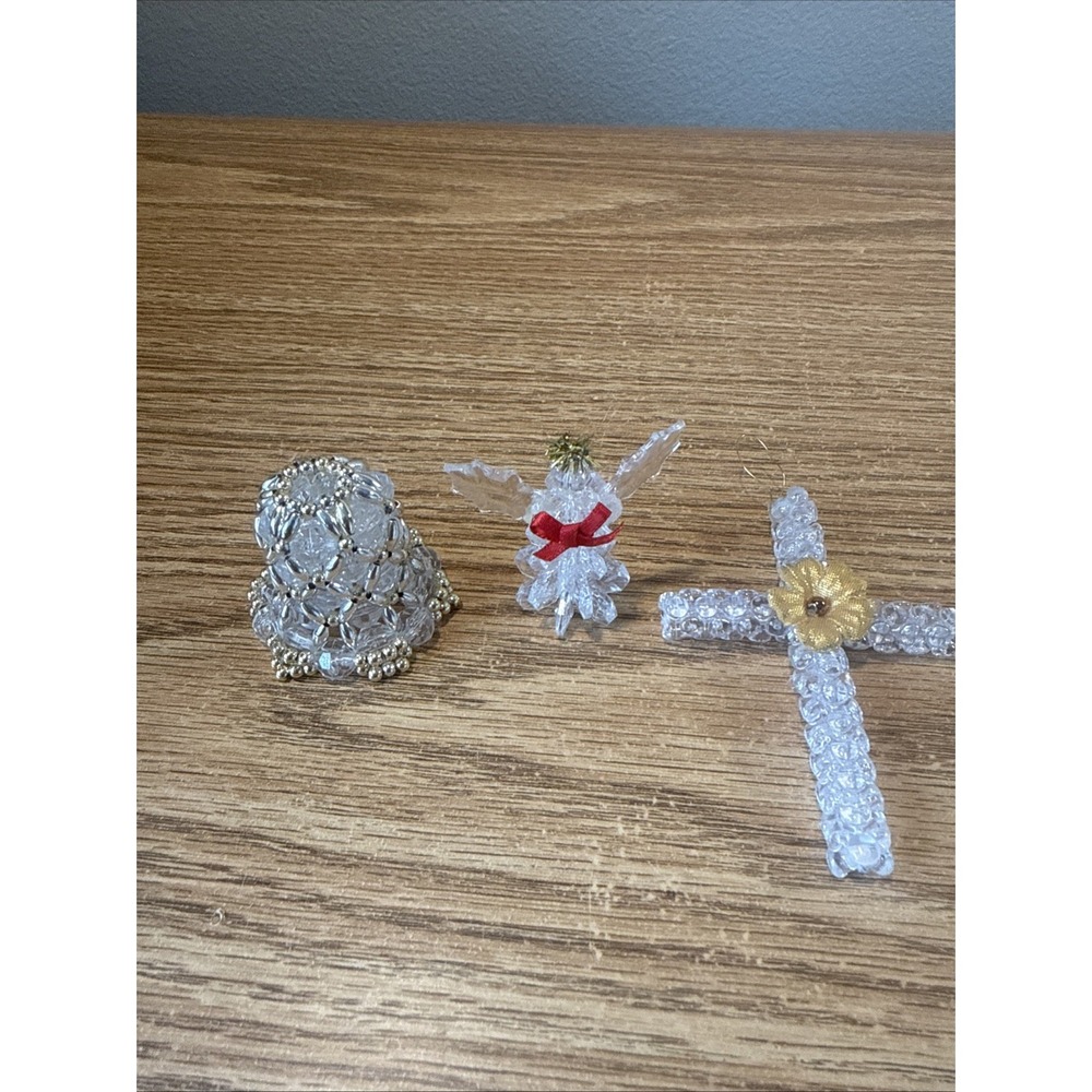 Lot of 3 Vintage Handmade Beaded Christmas‎ Ornaments Cross/bell/angel